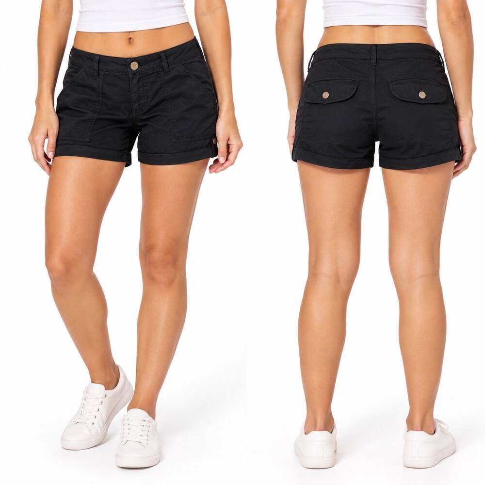 Guess Black Cuffed Y2K shorts with back flap pockets gold accents women 29